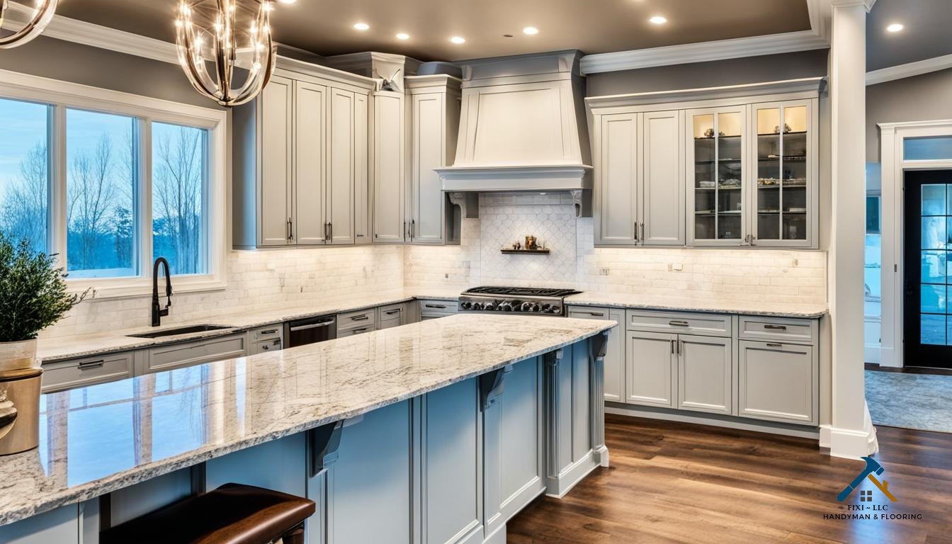 Cabinet Installation in Utah County Kitchen cabinetry installed for a home in Utah providing an elegant look to the Utah home's kitchen. Image by FIXI LLC, woman owned handyman, flooring and home renovation services in Utah County...