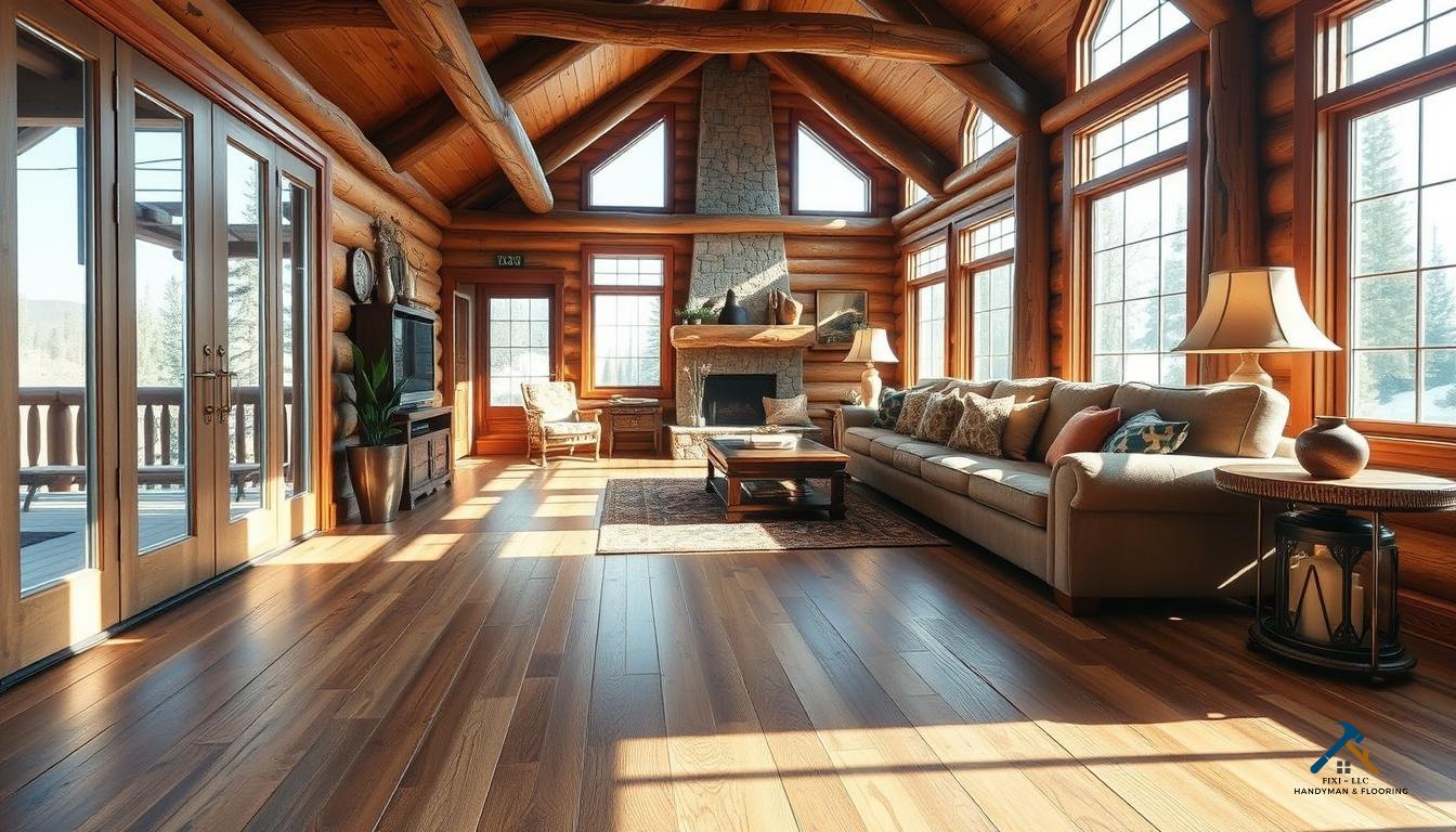 FIXI LLC Hardwood Flooring Installation in Utah Bright and inviting living room featuring elegant wood flooring installed by FIXI LLC, a woman-owned remodeling company in Provo, Utah. The space includes comfortable seating, a fireplace, and natural light streaming through large windows, showcasing the high-quality wood flooring perfect for Utah County homes...