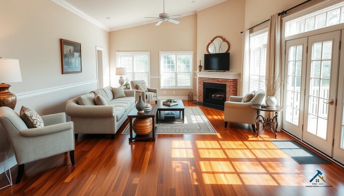 Wood Flooring Installation by FIXI LLC in Utah County Spacious living room with rich, natural wood flooring installed by FIXI LLC, a woman-owned remodeling company in Provo, Utah. The room features large windows, rustic wooden beams, and a stone fireplace, showcasing the durability and aesthetic appeal of professional wood flooring ideal for Utah County homes...