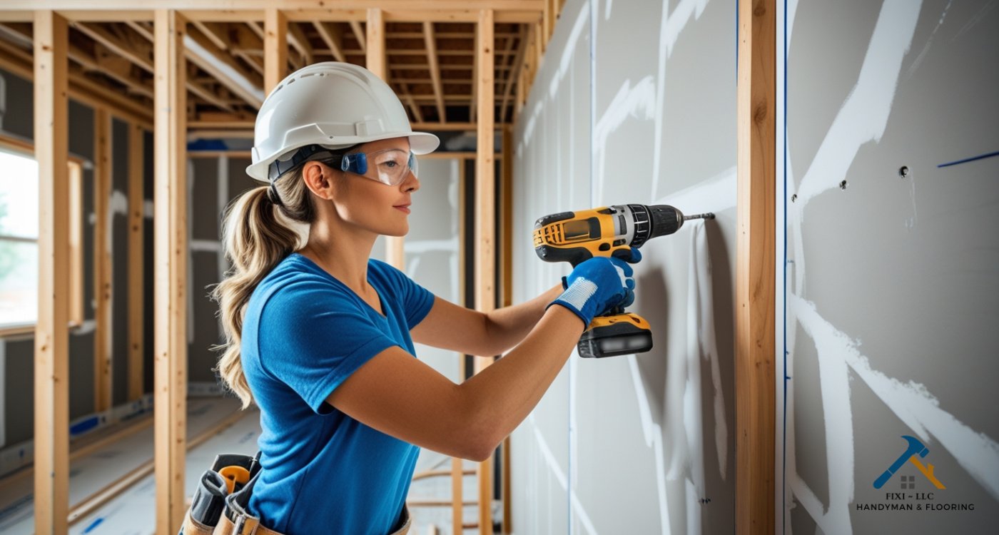 Can You Repair Drywall Without Replacing It A skilled woman in construction gear using a power drill to secure drywall in a home under renovation, representing drywall installation in Utah County by FIXI LLC...