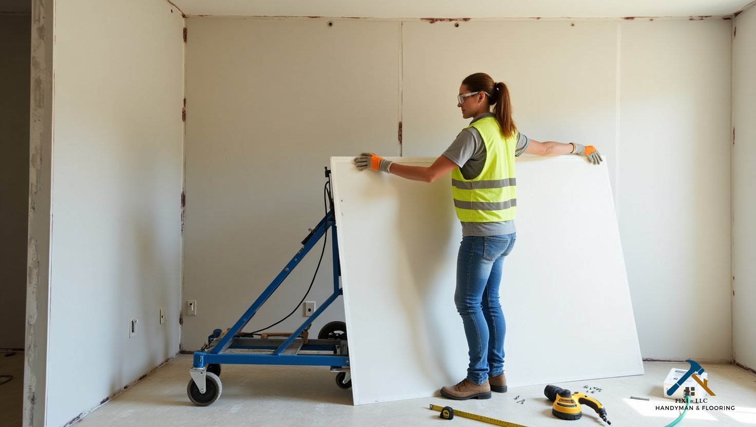 Drywall Installation in Utah County by FIXI LLC A professional standing beside a large drywall panel in preparation for installation, showcasing FIXI LLC’s commitment to quality home remodeling and drywall services in Utah County...