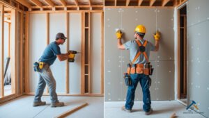 A side-by-side comparison of professional drywall installation versus DIY work in Utah County. FIXI LLC experts ensure flawless alignment, secure fastening, and smooth finishing, providing a superior alternative to DIY efforts...