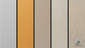 A side-by-side comparison of different drywall textures, such as popcorn, orange peel, knockdown, slap brush, and skip trowel, applied on interior walls. This image demonstrates the variety of drywall finishes available for Utah County homes...