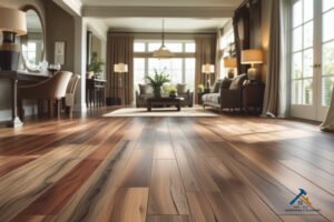 A beautifully installed hardwood floor in a spacious luxury living room, featuring large windows, natural lighting, and elegant interior design. This flooring project by FIXI LLC in Provo, Utah, enhances the warmth and sophistication of the space...