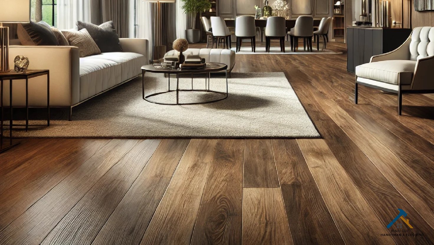 Luxury Vinyl Plank Flooring Installation by FIXI LLC in Provo Utah Luxury home interior featuring high-end luxury vinyl plank flooring. Image by FIXI LLC, woman owned remodeling company in Provo Utah specializing in LVP flooring installation, drywall, handyman and remodeling services for Utah County homes and businesses...