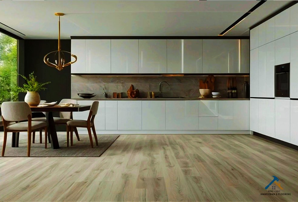Provo Utah Remodeling Services by FIXI LLC Modern kitchen interior with sleek white cabinetry, dining area, and newly installed wood-look flooring by FIXI LLC. The kitchen features a contemporary design with natural light streaming through large windows, showcasing FIXI LLC's flooring installation services in Provo, Utah...
