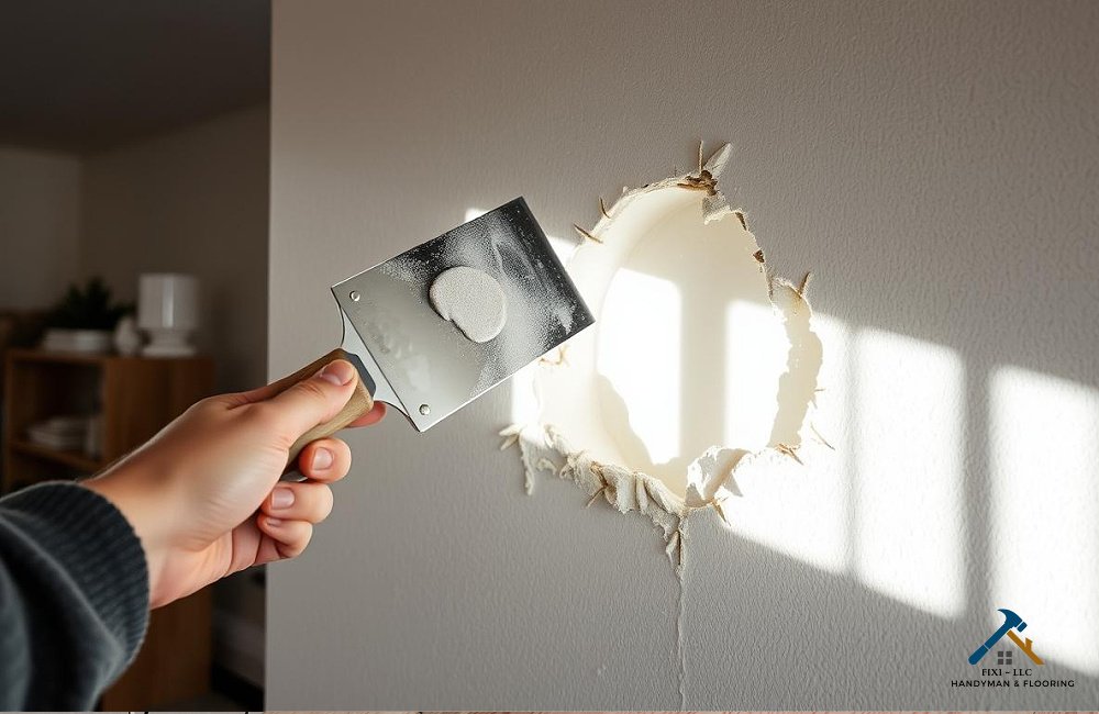 Drywall Repair in Utah A person using a drywall knife to repair a hole in the wall with a patch. This image represents drywall hole repair services in Utah County by FIXI LLC, a trusted drywall company in Provo. The person is focused on fixing the damaged drywall, a common repair service in Utah homes. Our drywall services ensure seamless wall repairs with professional craftsmanship...