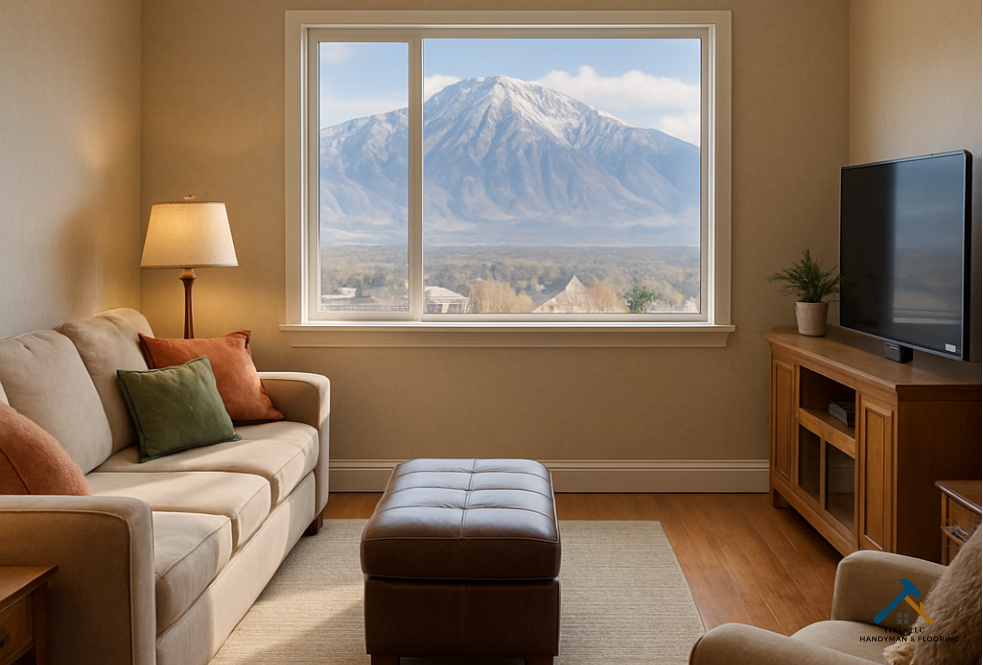 Lehi Utah Remodeling Services by FIXI LLC A cozy family room with beige furniture, wood flooring, and a large window revealing a scenic view of a mountain in Lehi, Utah.