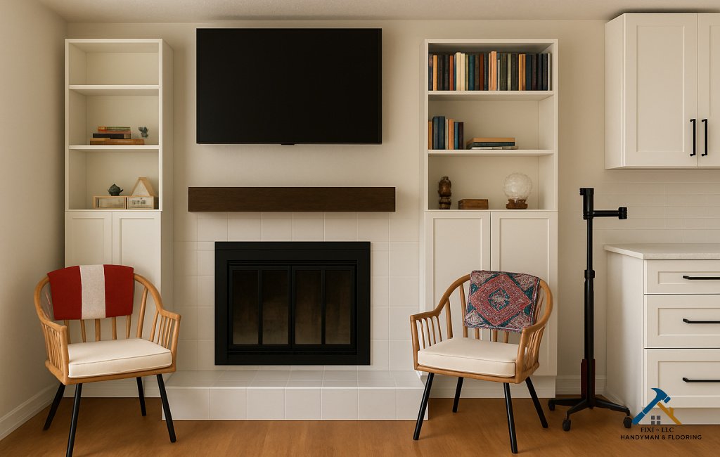 Custom Living Room Remodel by FIXI LLC Katerina Gasset Bright living room remodel by woman-owned FIXI LLC, led by Katerina Gasset—flooring, mantle & cabinetry transformed…
