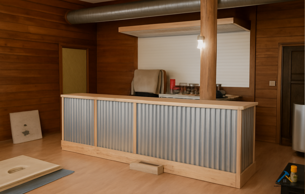 Pleasant Grove Utah Carpentry, Woodwork and Custom Cabinetry by FIXI LLC Unfinished rustic space featuring a wooden bar framed with galvanized metal, wooden walls, and industrial elements like a metal duct and log support post.