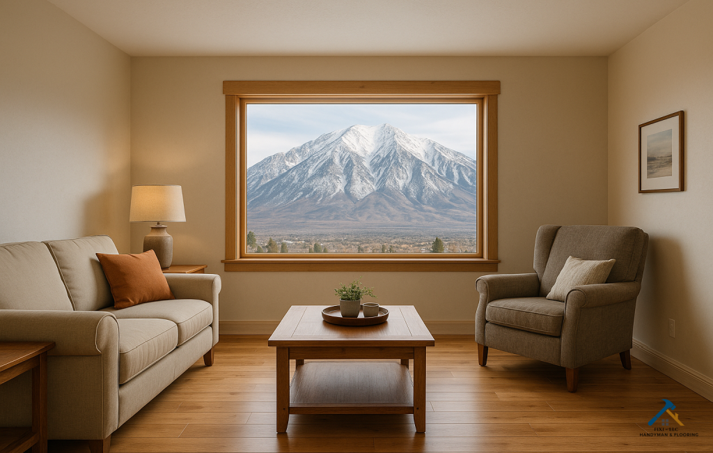 Pleasant Grove Utah Services by FIXI LLC Cozy living room with warm wood flooring, beige walls, and natural lighting, offering a stunning view of snow-capped mountains through a large window.
