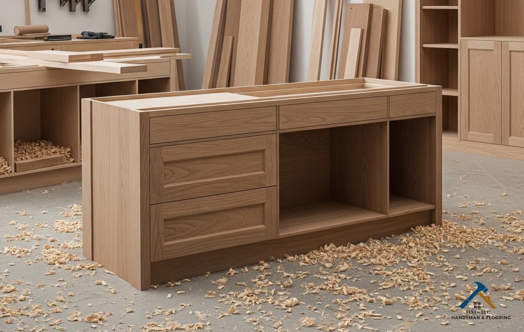 Custom Cabinetry & Woodwork in Lindon Utah FIXI LLC Custom wooden cabinetry under construction in Lindon, Utah by FIXI LLC, featuring unfinished oak wood, smooth joinery, and a workshop setting with wood shavings.