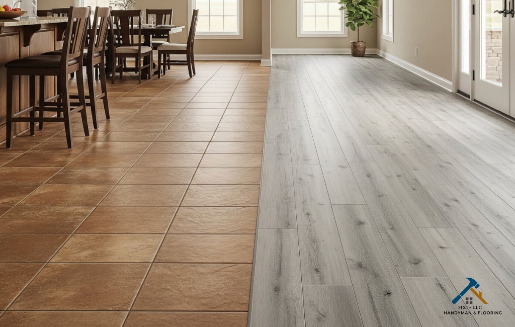 Lindon Utah Flooring & Remodeling FIXI LLC Experts Side-by-side view of kitchen tile and modern gray wood-look flooring installed by FIXI LLC in Lindon, Utah, showcasing a seamless remodeling transition.