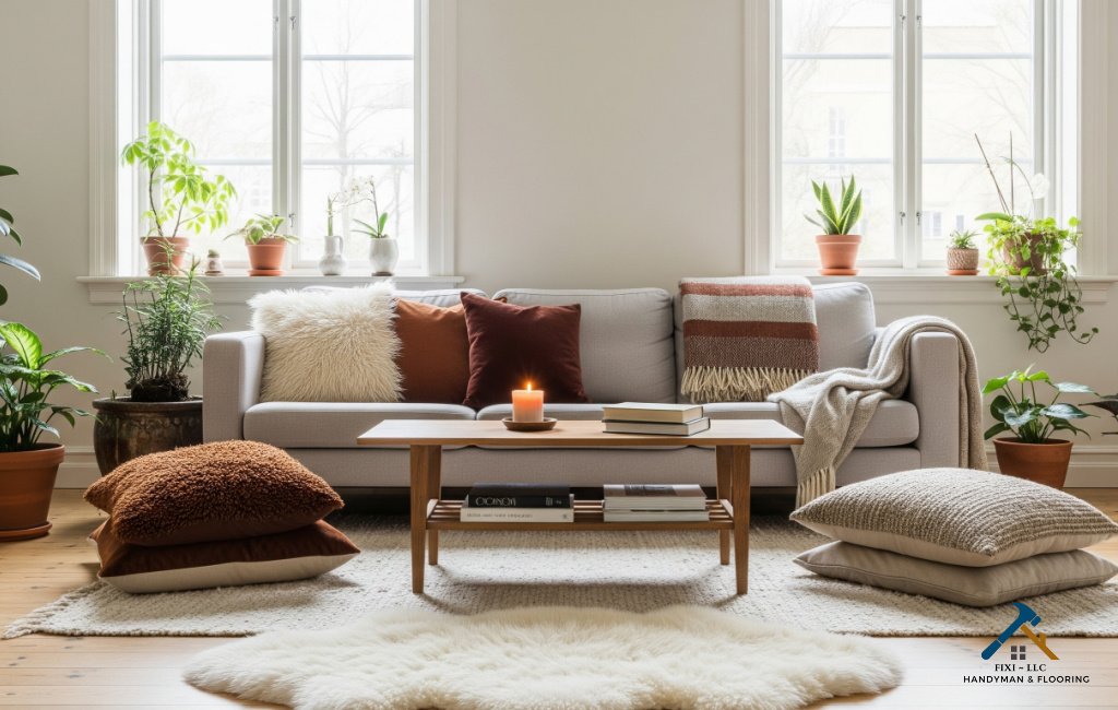 Lindon Utah Home Remodeling FIXI LLC Comfort & Style Cozy remodeled living room in Lindon, Utah by FIXI LLC, featuring a light gray sofa, warm-toned pillows, wood coffee table, indoor plants, and soft rugs.