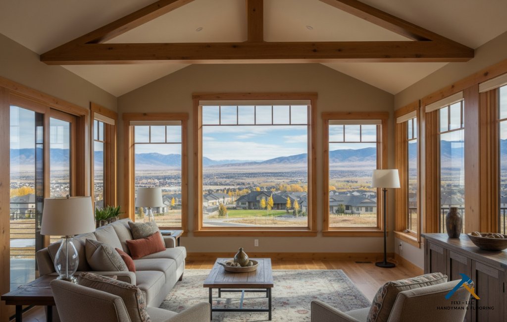 Lindon Utah Services by FIXI LLC Elegant living room remodel in Lindon, Utah with panoramic mountain views and wood accents by FIXI LLC.