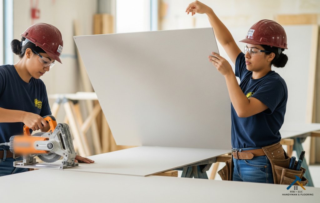 Mapleton Utah Drywall Services FIXI LLC Women Owned Remodeling Experts Skilled contractors from FIXI LLC, a women owned business in Mapleton, Utah, working on professional drywall installation as part of expert remodeling services.