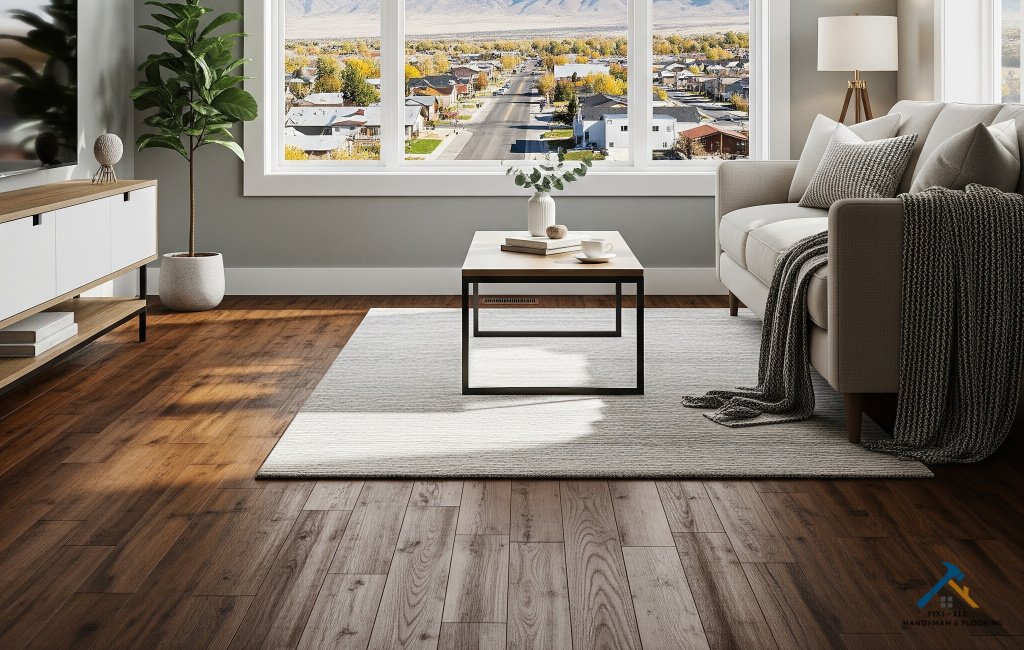 Mapleton Utah Flooring Services FIXI LLC Women Owned Remodeling Experts Modern living room with elegant hardwood flooring installed by FIXI LLC, a women owned business providing expert flooring and remodeling services in Mapleton, Utah.