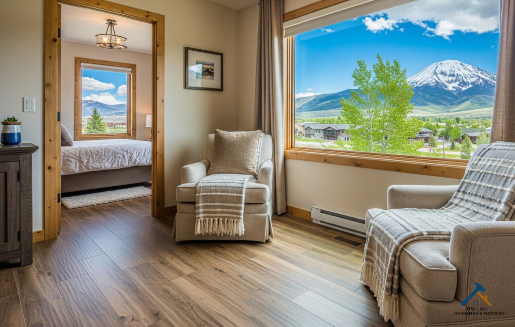 Mapleton Utah Services by FIXI LLC Expert Remodeling with a Personal Touch Cozy remodeled living room with mountain views in Mapleton, Utah, designed by FIXI LLC, a women owned business specializing in expert remodeling and flooring services.