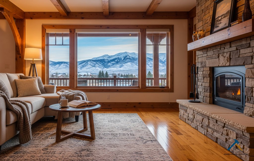 Cozy living room with large windows overlooking snow-covered Alpine, Utah mountains, featuring a stone fireplace, hardwood floors, and modern rustic décor.