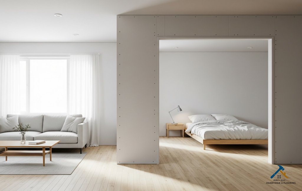 Modern Alpine, Utah home interior with drywall partition dividing living room and bedroom, featuring minimalist design and light wood flooring.