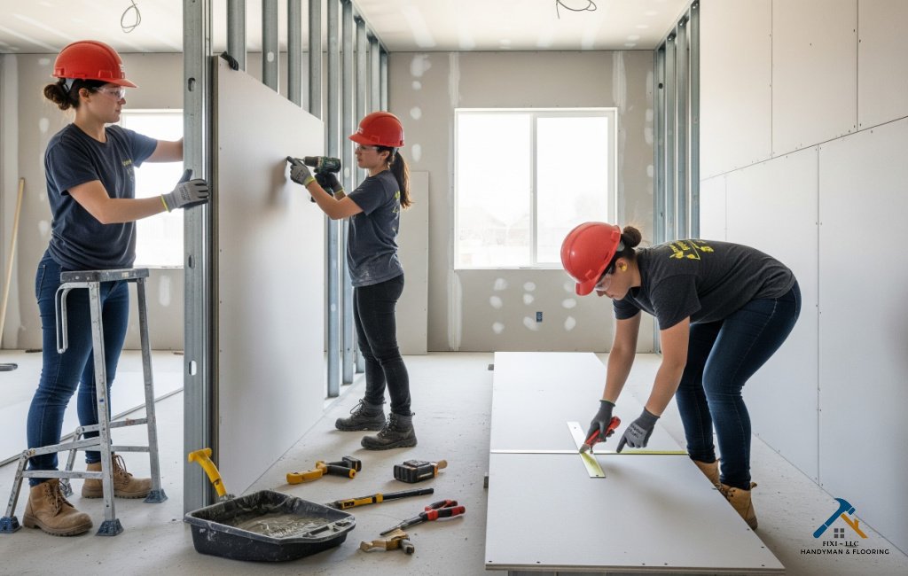 FIXI LLC team installing drywall in a Payson, Utah home renovation, showcasing expert remodeling and construction services.