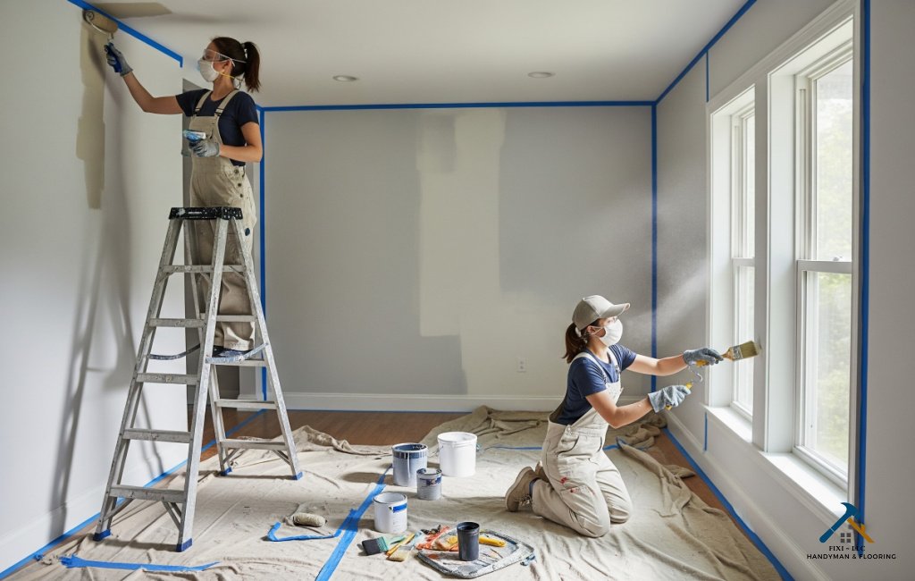 FIXI LLC team painting interior walls in a Payson, Utah home, delivering professional remodeling and painting services with attention to detail.