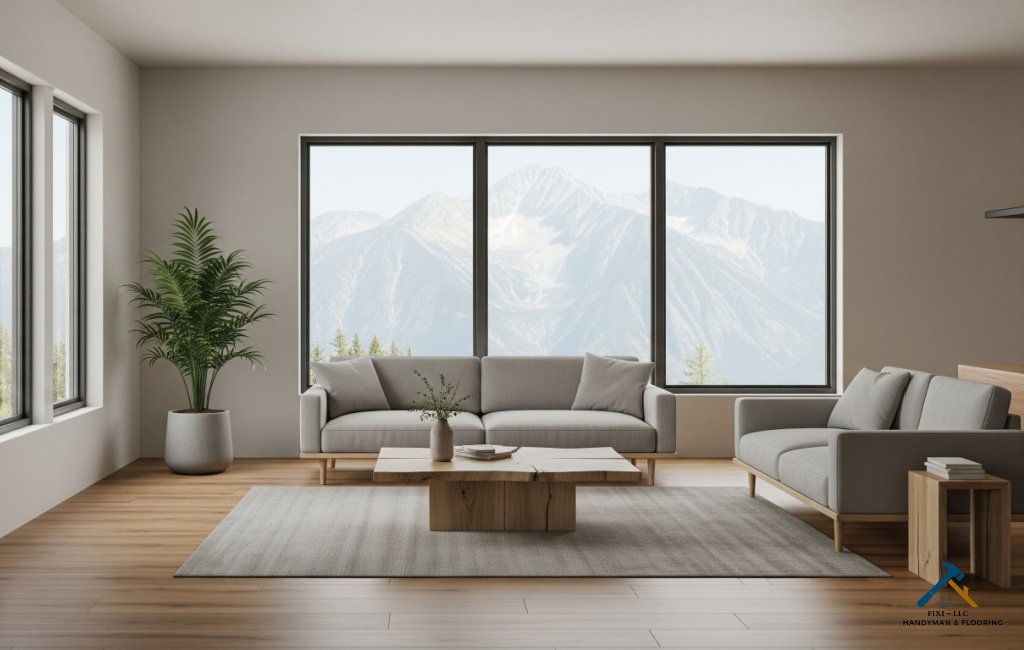 Modern living room with hardwood flooring and fresh interior painting in Alpine Utah by FIXI LLC