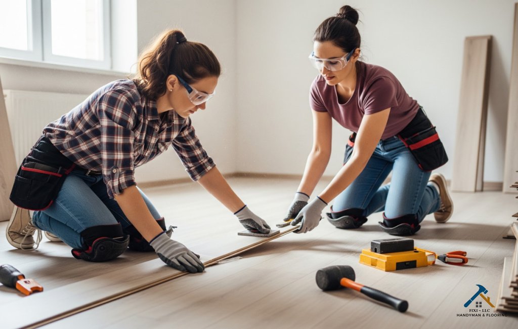 FIXI LLC team installing new flooring in a Payson, Utah home, showcasing expert craftsmanship and detail-oriented remodeling services.