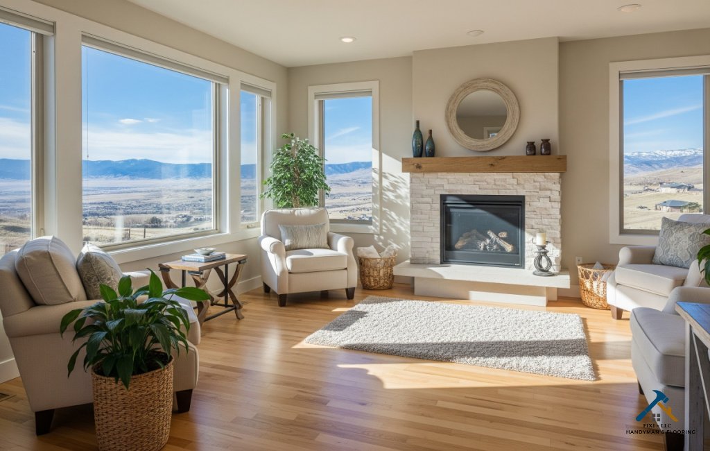 Bright and modern living room remodeled in Payson, Utah by FIXI LLC, featuring large windows with mountain views, a stone fireplace, and cozy neutral-toned furniture.