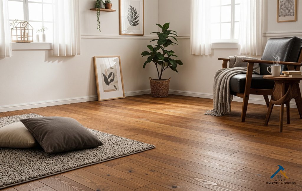 Cozy living room in an Eagle Mountain, Utah home showcasing newly installed hardwood flooring with warm wood tones, white trim, and natural light; interior styled with modern décor to highlight professional flooring installation by Fixi-LLC Handyman & Flooring.