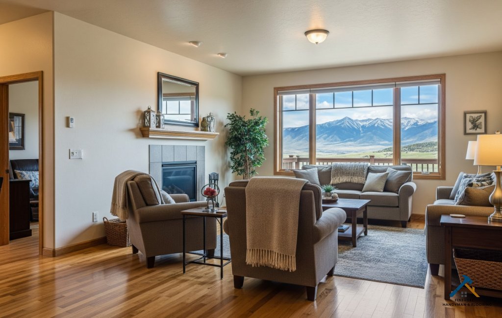 Warm and inviting living room in an Eagle Mountain, Utah home featuring hardwood flooring, updated trim work, and a large picture window with stunning mountain views; showcases professional home improvement, flooring, and handyman services by Fixi-LLC.