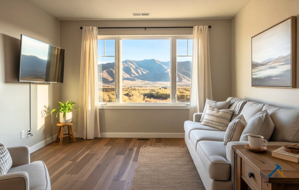 Bright and modern living room in an Eagle Mountain, Utah home featuring newly installed hardwood flooring, neutral interior paint, and clean white trim work; large window showcasing mountain views with natural light highlighting quality handyman and flooring craftsmanship.