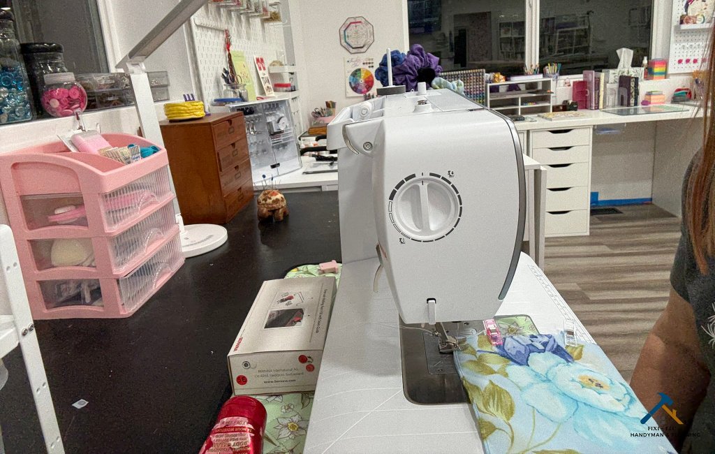 Custom home office workspace with built-in storage, organized craft drawers, and functional desk layout showcasing smart storage solutions by FIXI LLC in Utah.